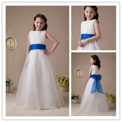 white flower girl dress with blue sash