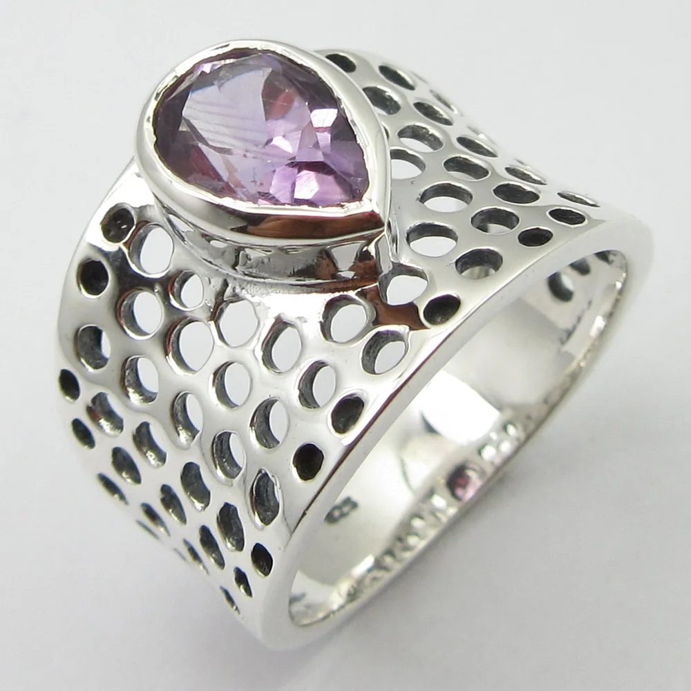 

Solid Silver Genuine Faceted Amethysts Ring Sz 6.75 Low Price Unique Designed