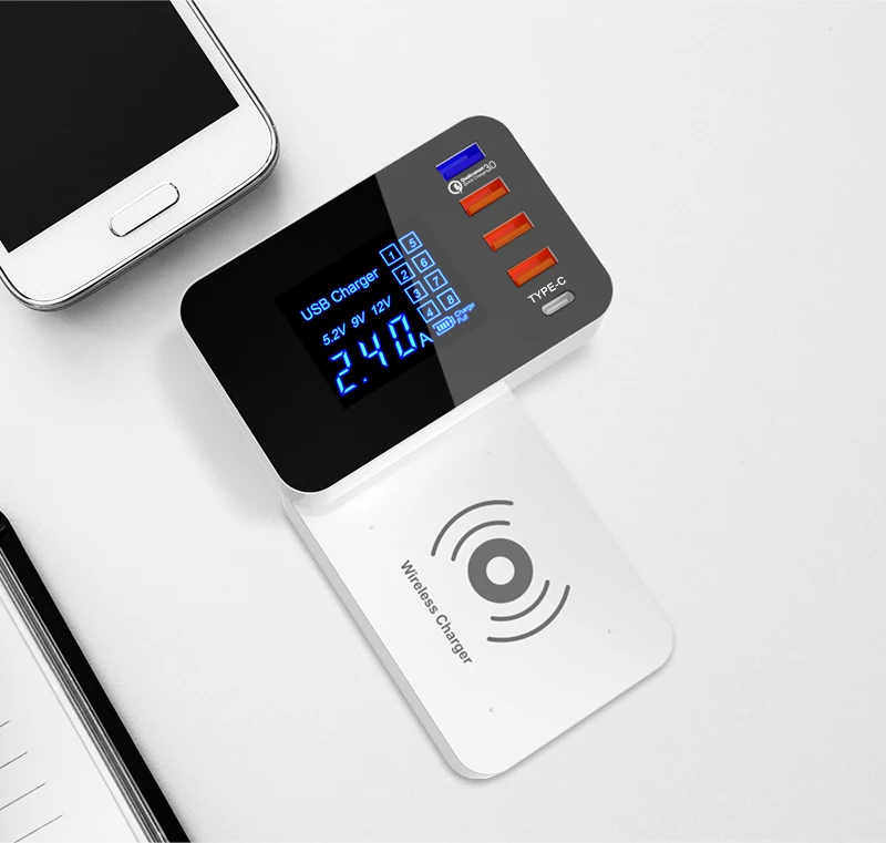 

QI Wireless Charger Quick Charge 3.0 Smart USB Type C Charger Station HUB Led Display Fast Charging Power Adapter Desktop Strip