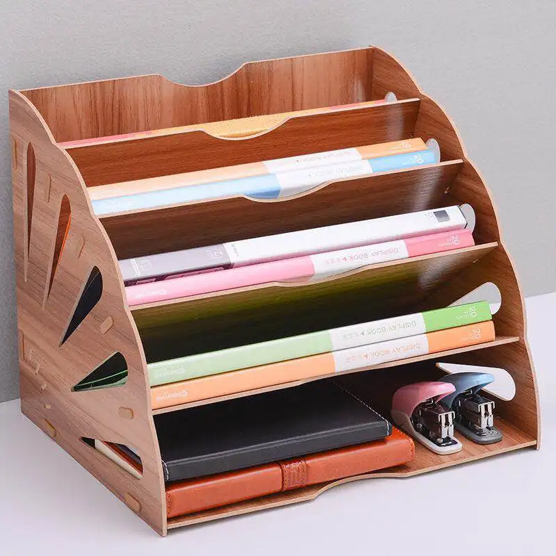Black DIY Hensych Detachable Wooden Board Desktop Organizer Shelf Storage Boxes 2 Paper Files Holder/Magazine Slots and 4 Compartments Bins 
