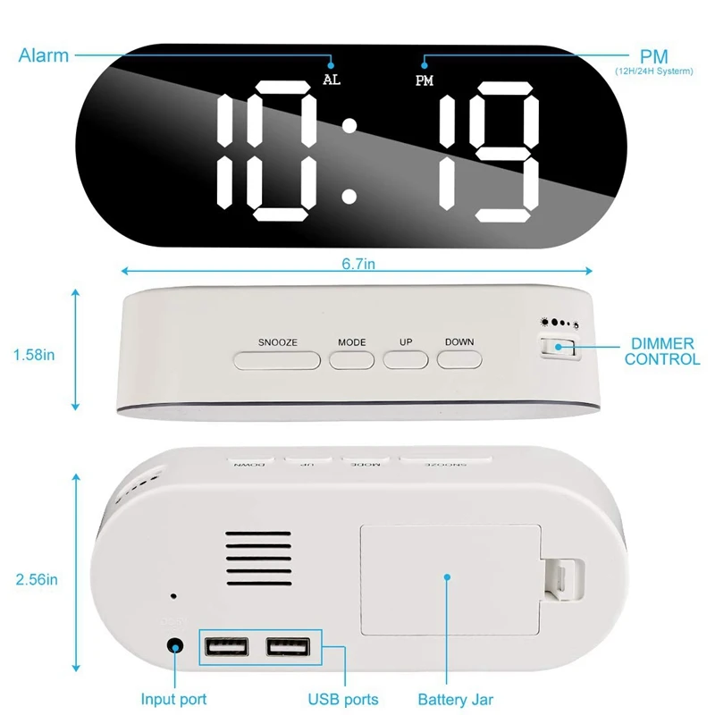 Будильник цифровое зеркало поверхностный диммер большой светодиодный дисплей с двумя usb-портами зарядного устройства Повтор таймер сна для украшения спальни