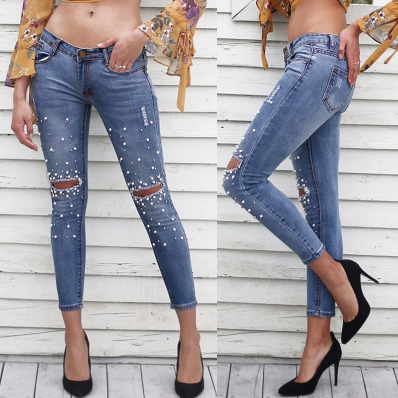 High Quality Womens White Spots Ripped Hole Skinny Jeans Female Vintage Denim Pencil Jeans Slim Leggings Long Pants Jeans