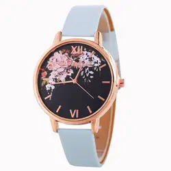 Новинка 1 шт. женские часы-браслет с цветочным узором циферблат кожаный ремешок дамское платье кварцевые наручные часы женские подарки