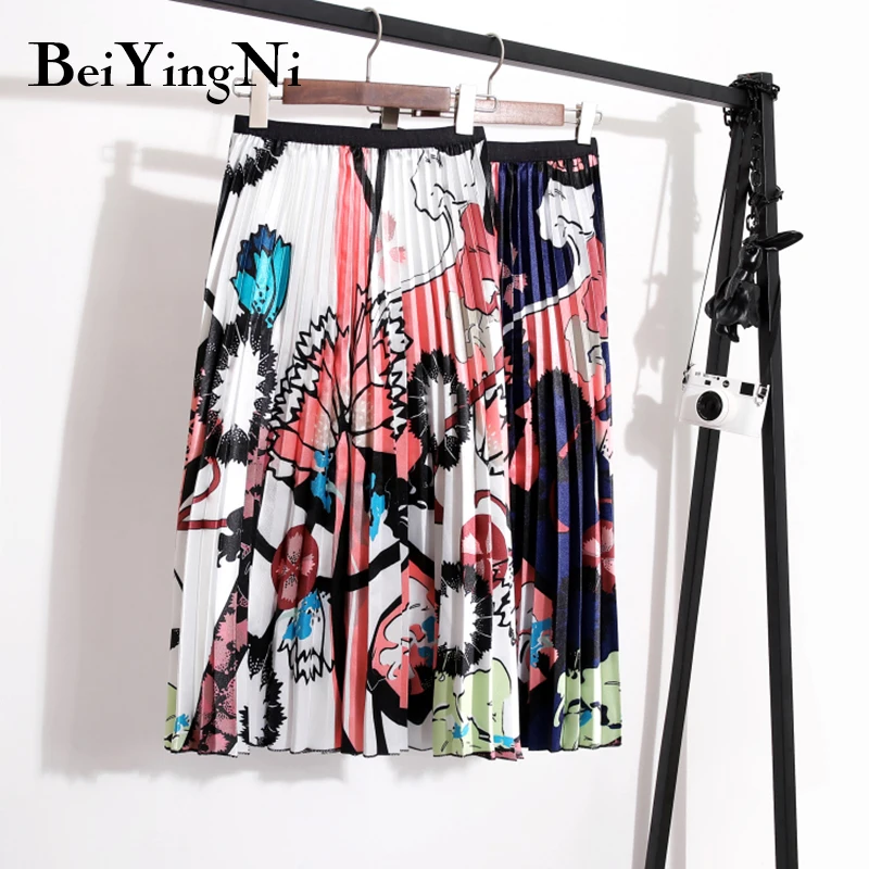 Beiyingni Хай-стрит юбки женские, с цветочным узором Винтаж плиссированная юбка миди осень-зима в Корейском стиле Повседневное Saia леди с эластичной резинкой на талии