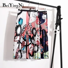 Beiyingni Хай-стрит юбки женские, с цветочным узором Винтаж плиссированная юбка миди осень-зима в Корейском стиле Повседневное Saia леди с эластичной резинкой на талии