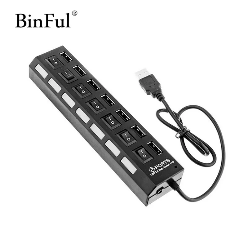 BinFul 7 Ports High Speed USB Hub 480 Mbps USB 2.0 Hub On/Off Switch Hub USB Splitter PC Laptop Computer Peripherals Accessories