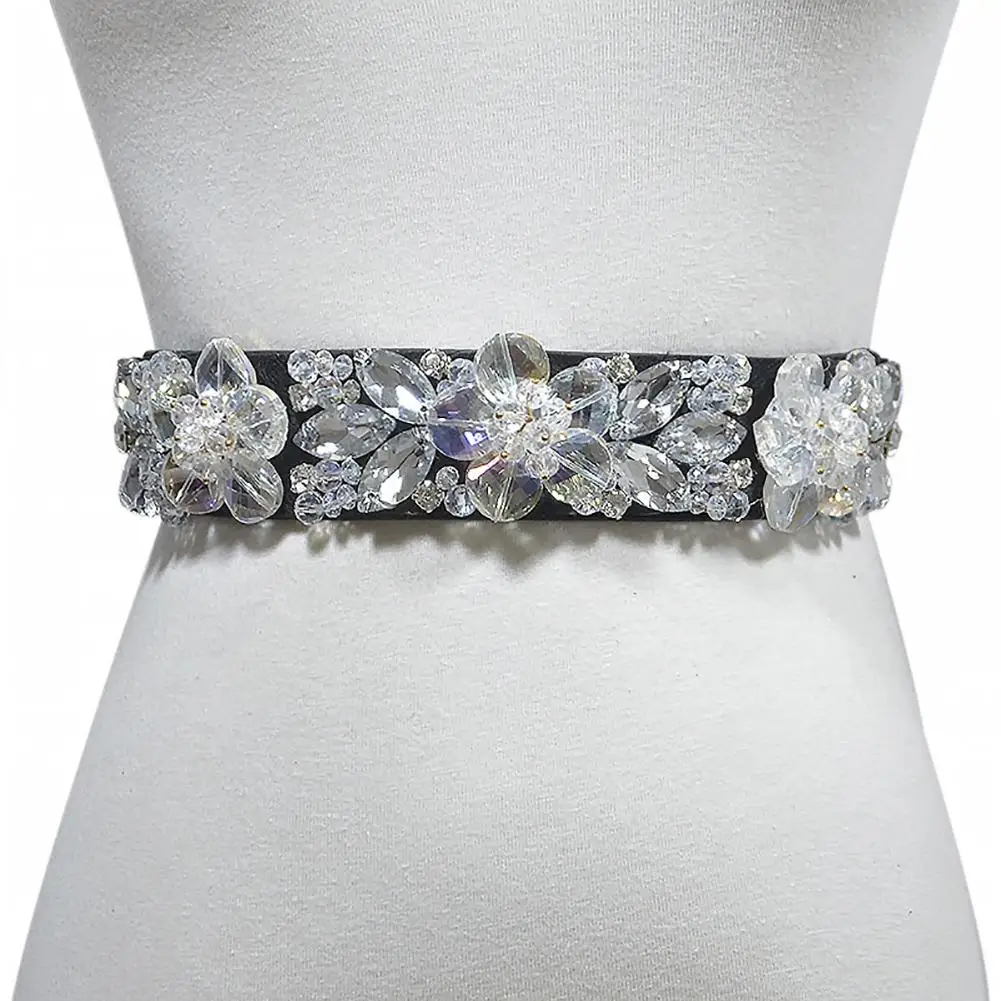 new Fashion Women Elastic Rhinestone Flower Waist Belt Bridal Dress