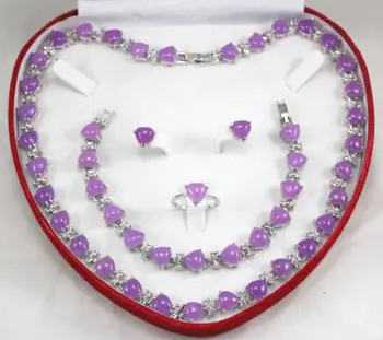 

Free shipping@@@@@ heart shape natural Purple jade necklace bracelet Stud earring Ring Jewelry Sets