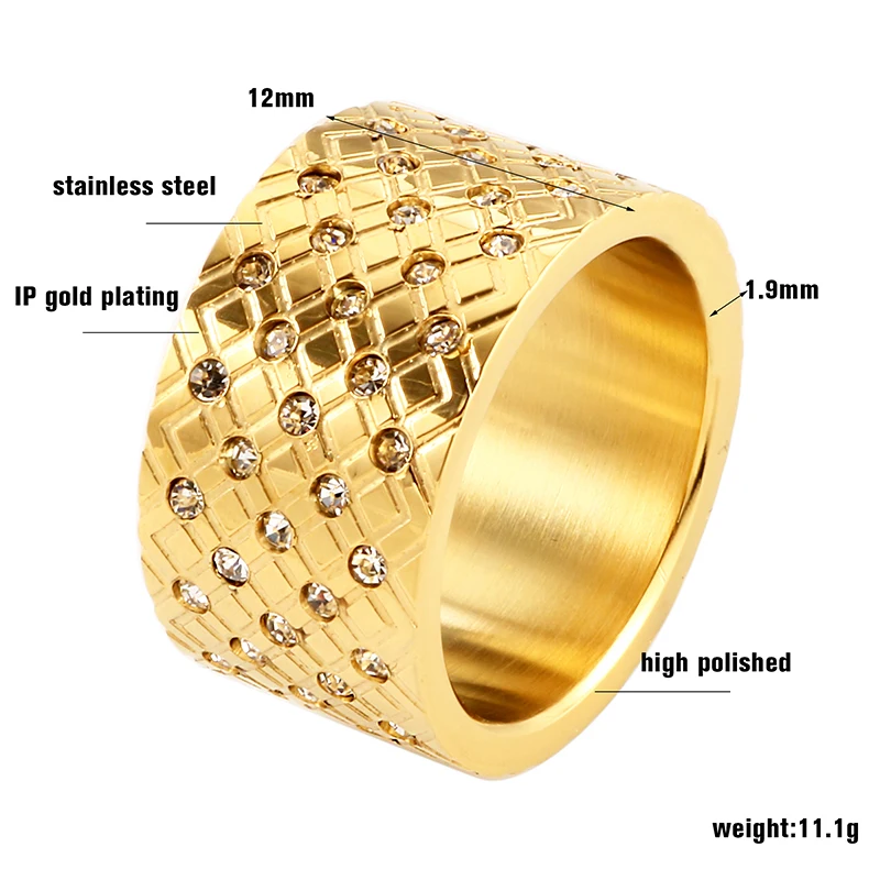 Женское модное позолоченное кольцо из нержавеющей стали CZ инкрустированное 6 7 8 9 Размер 12 мм Европейское простое кольцо Роскошный бренд ювелирные изделия подарок
