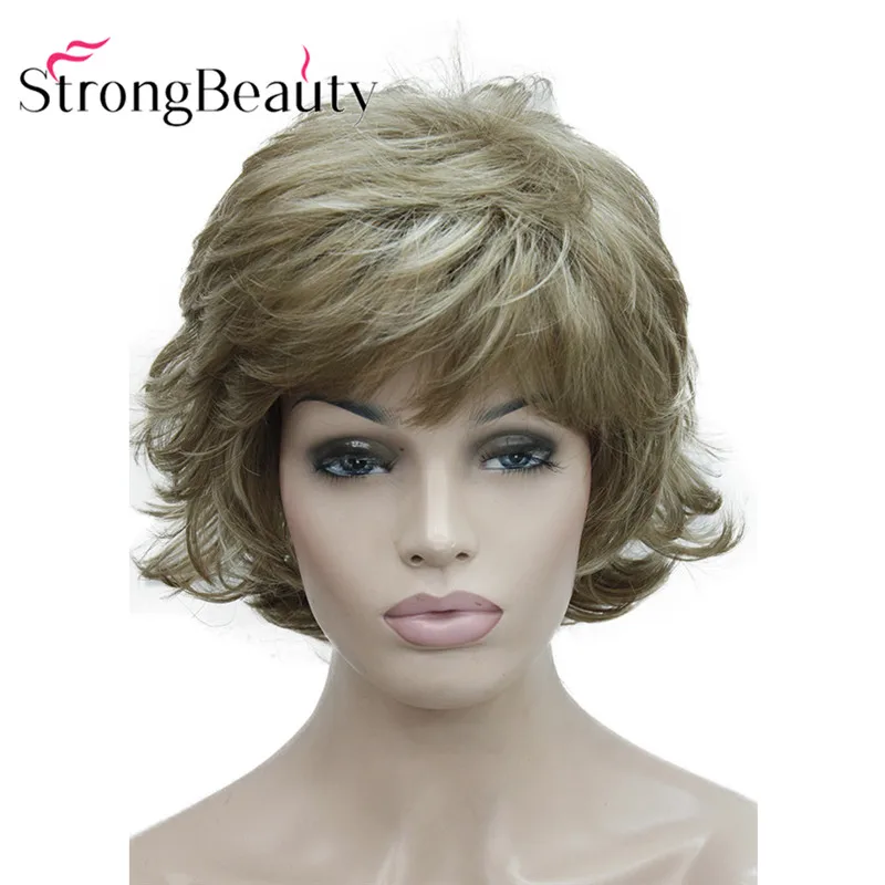 StrongBeauty 짧은 합성 가발 금발 자연스러운 웨이브 플러피 레이어드 컷 가발(뱅 포함)