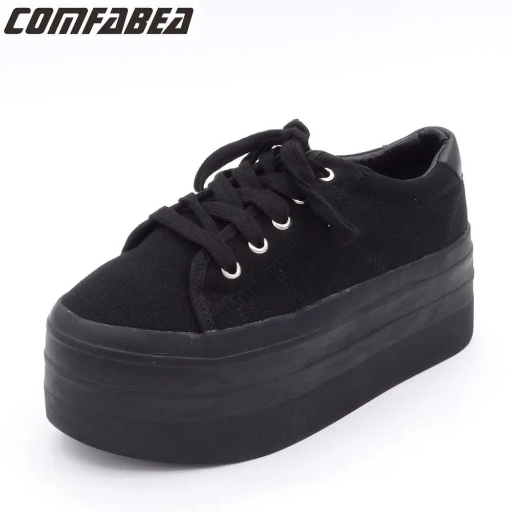 Prix 2018 Printemps Automne Toile Chaussures Femmes plate forme haute chaussures femme mode laçage fond plat noir chaussures pour femmes