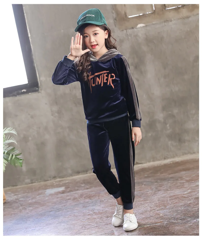 spring girls clothing sets kids girls clothes gold velvet two-piece suit children sport suit for girls (8)