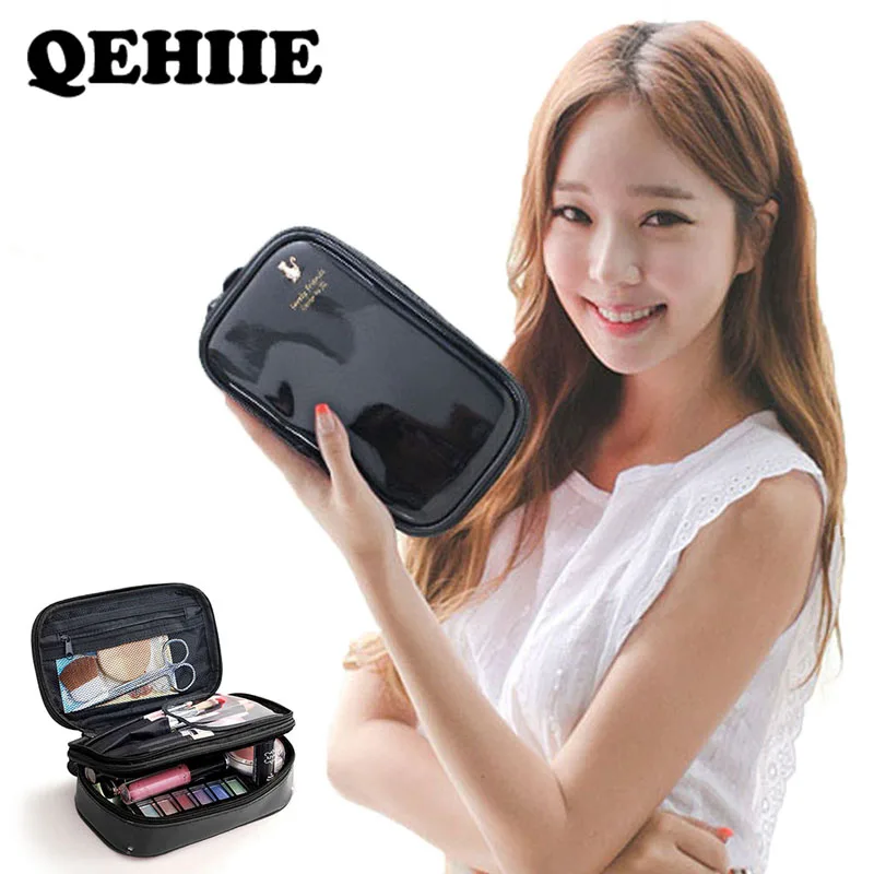 Women Waterproof PU cosmetic bag Travel organizerDouble layer Make up