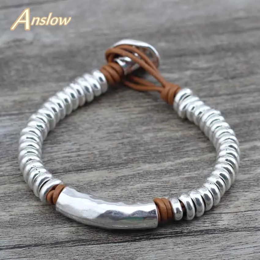 

Anslow 2017 New Style New Antique Silver Plated Beads Wrap Rope Leather Bracelet For Women Men Wholesale Factory Sale LOW0559LB