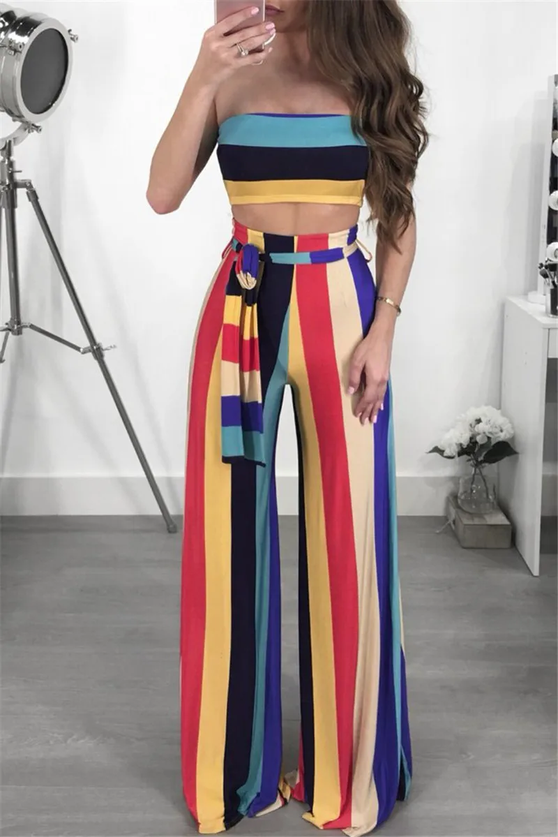 Clubwear طباعة مخطط اثنين من قطعة مجموعة النساء 2018 الأزياء ملابس مكشوفة الكتف و بنطال ذو قصة أرجل واسعة دعوى Conjunto Feminino حزب حللا Clubwear طباعة مخطط اثنين من قطعة مجموعة النساء 2018 الأزياء ملابس مكشوفة الكتف و بنطال ذو قصة أرجل واسعة دعوى Conjunto Feminino حزب حللا