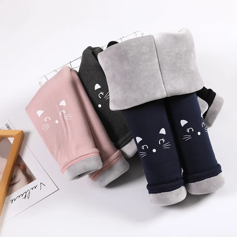 Модные бархатные брюки для девочек; леггинсы с героями мультфильмов; плотные брюки; трехслойные теплые хлопковые брюки высокого качества для малышей с рисунком кошки