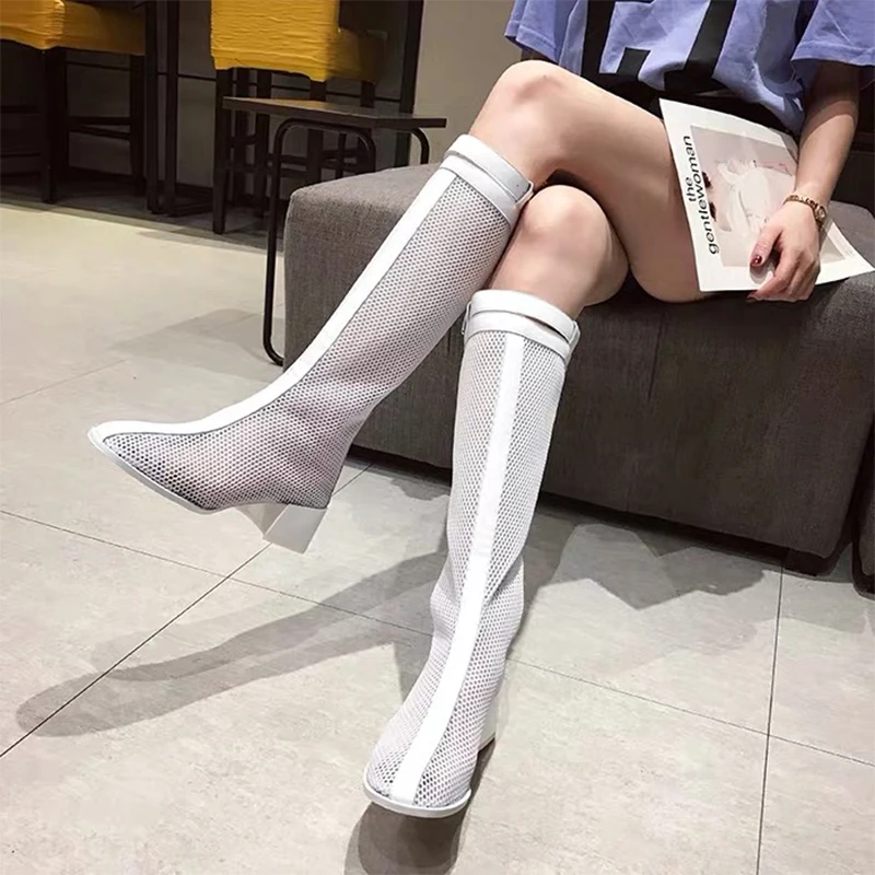 

Women's Round Toe Knee High Boots Roman Style Air Mesh Breathable Thick Mid Heeled Summer British Hollow Sandals Ladies Boots