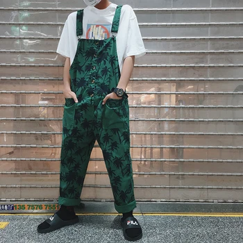 

Fashion Leaf Print Overalls Japanese Street Retro Style Overalls High Quality Mens Casual Loose Jumpsuits Wild Bib Pants Male
