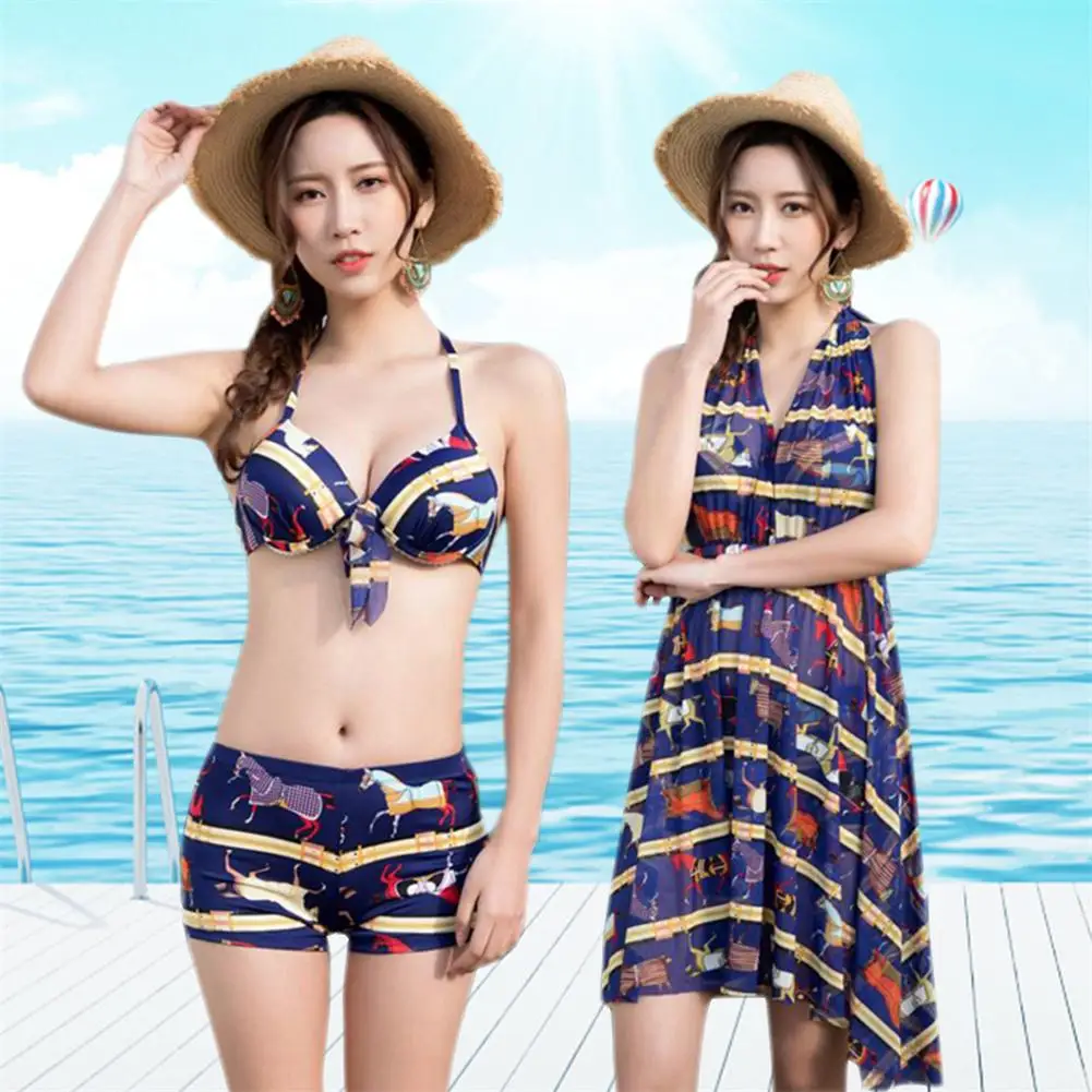 

3 Pieces Women Swimsuit 2019 Sexy Swimwear Bikini Set + Cover Ups Brazilian Painting Print Beach Suit