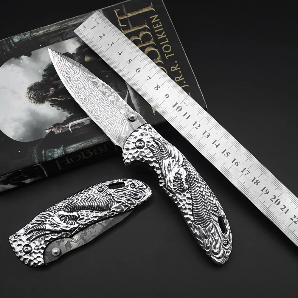 

AZRAE DM003 Silver Dragon Damascus Steel Folding Hunting Knife Custom &Handmade With Ebony Handle Camping Knife Outdoor Tool 60H