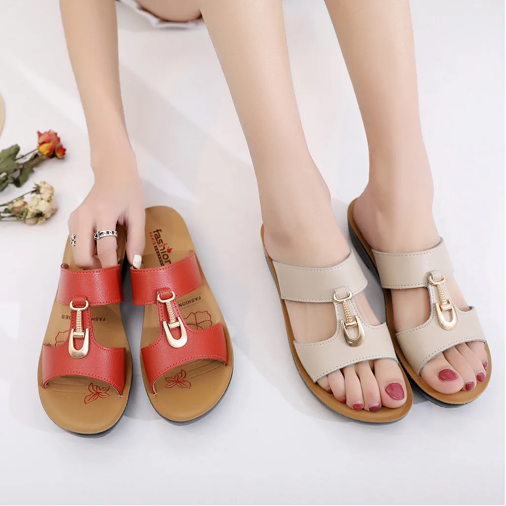 Women Metal button Solid Women Flat Sandals Fashion Wedges Sandals Slippers Summer Beach Ladies 