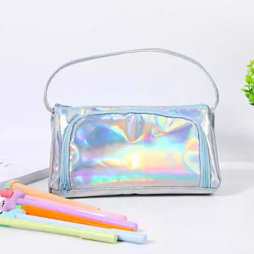 Iridescent Laser School Big Pencil Case for Girls Cute Large Pen Bag pencil box stationery pouch Multifunction school supplies - Цвет: Silver