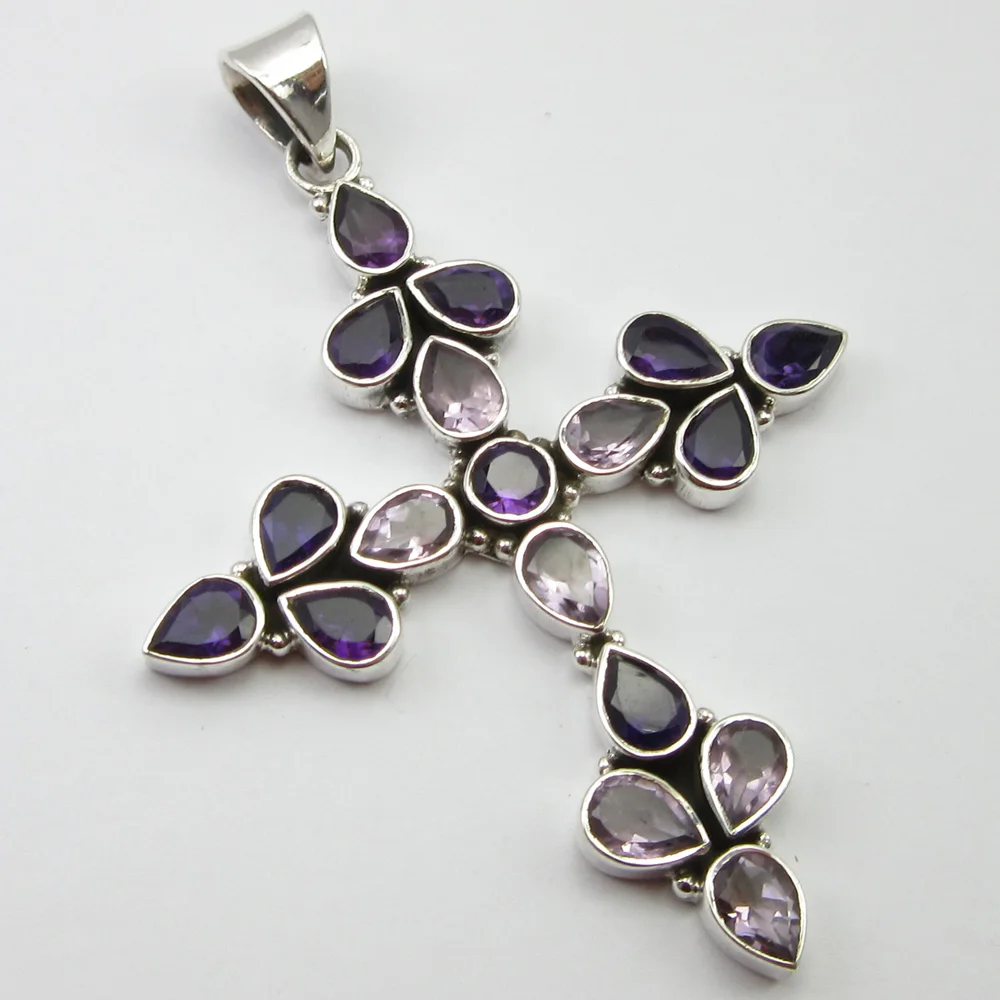 

Silver Round, Drop Amethysts FASHION Pendant 2.8" ! Brand New