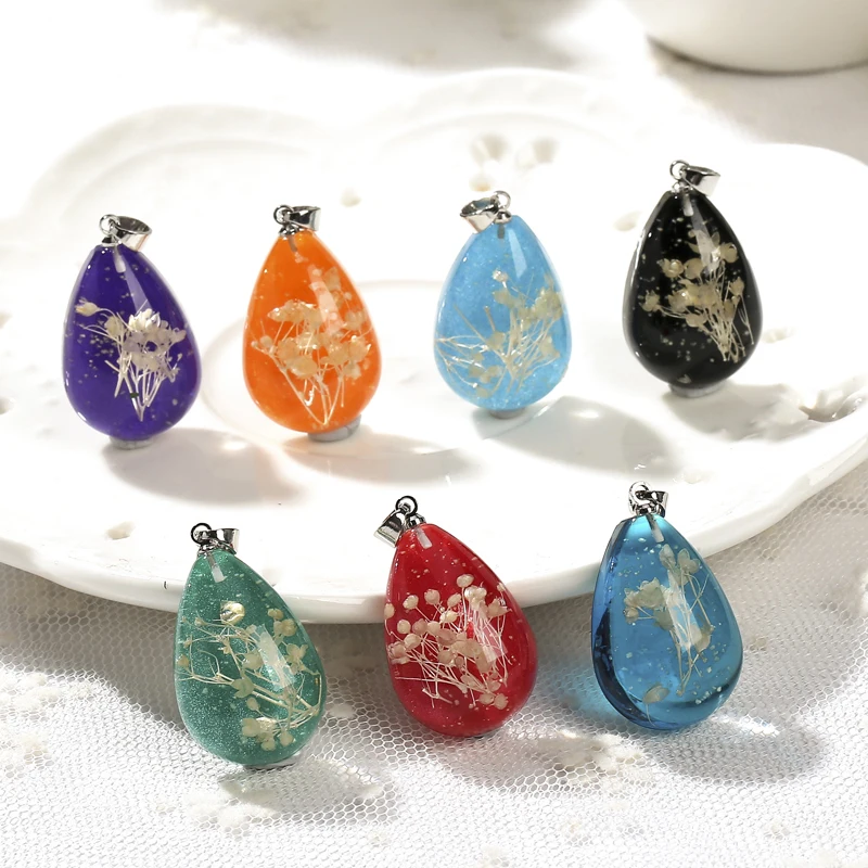 2pcs 18*25mm High grade Resin Teardrop Real dried flower Flat back resin necklace charms for DIY