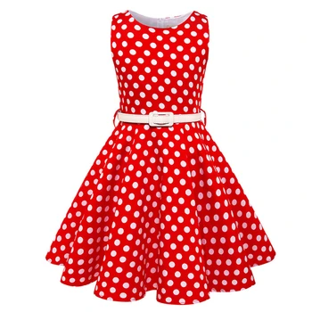 

Vintage Wedding Bridesmaid Dresses for Kdis Girls Polka Dot Sleeveless High Waist With Waistband Pleated Swing Cute Girls Dress