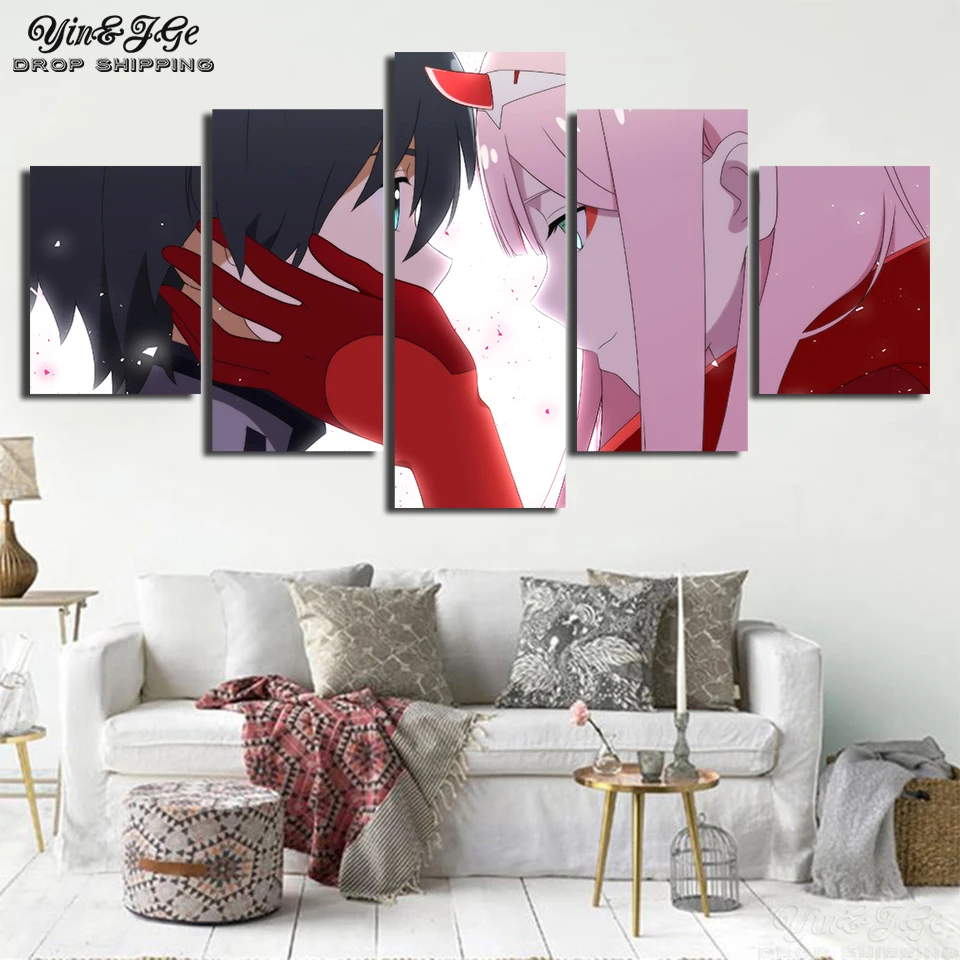 

Home Decor Canvas HD Prints 5 Panel Darling in the Franxx Animation Painting Modular Pictures Modern Wall Artwork Poster Frames