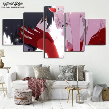 

Home Decor Canvas HD Prints 5 Panel Darling in the Franxx Animation Painting Modular Pictures Modern Wall Artwork Poster Frames