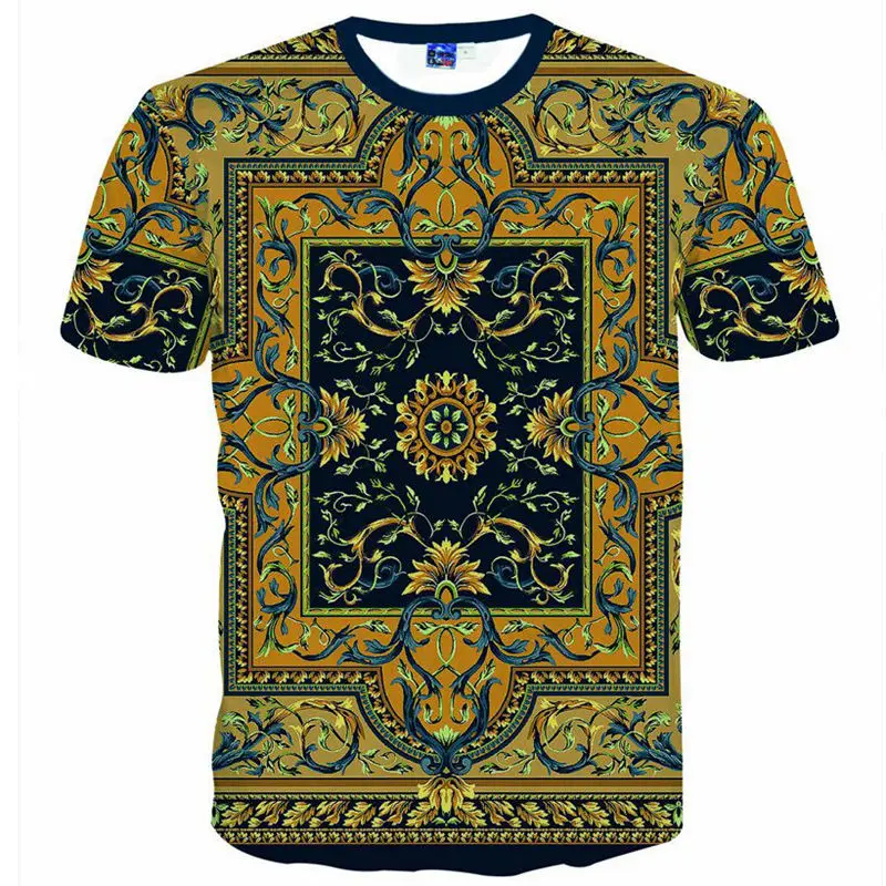 Gothic Gold Flowers T shirt Men Retro Short Sleeve Luxury Royal Floral ...