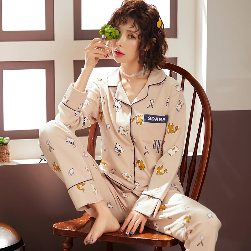 

BZEL 2Pcs Women Long Sleeve Pijama Mujer Underwear Cotton Sleepwear Cartoon Cat Casual Loose Pajamas Set Nightwear Sleep Lounge