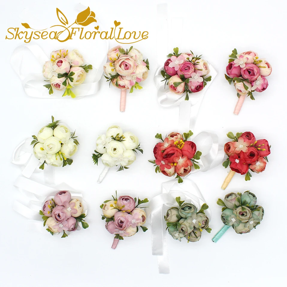 

High quality bride groom bridesmaids wrist corsage boutonniere brooch wedding photography props corsages prom