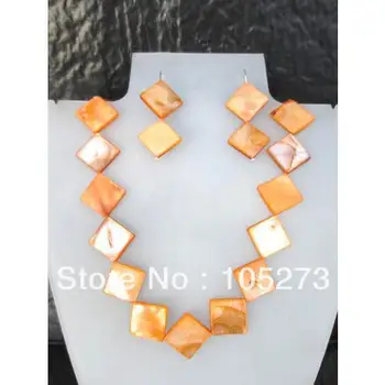 

Wholesale Orange Color Mother Of Pearl Necklace Earring 14x14mm Jewelry Set For Wedding Prom Party Holidays New Free Shipping