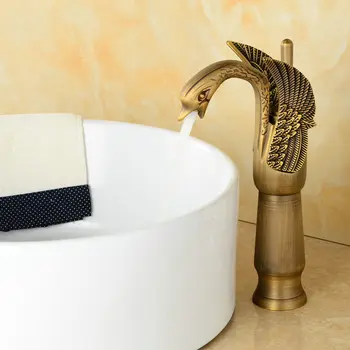 

Free shipping Antique brass single hole bathroom vessel sink tall swan faucet mixer tap