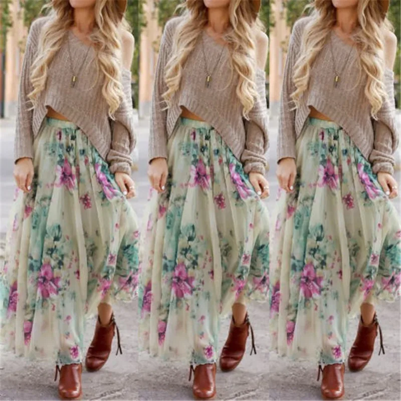 

New Arrival Vintage Design Pleated Skirts Women Summer Floral Print Casual Chiffon Jersey Gypsy Long Skirt Summer SunDress