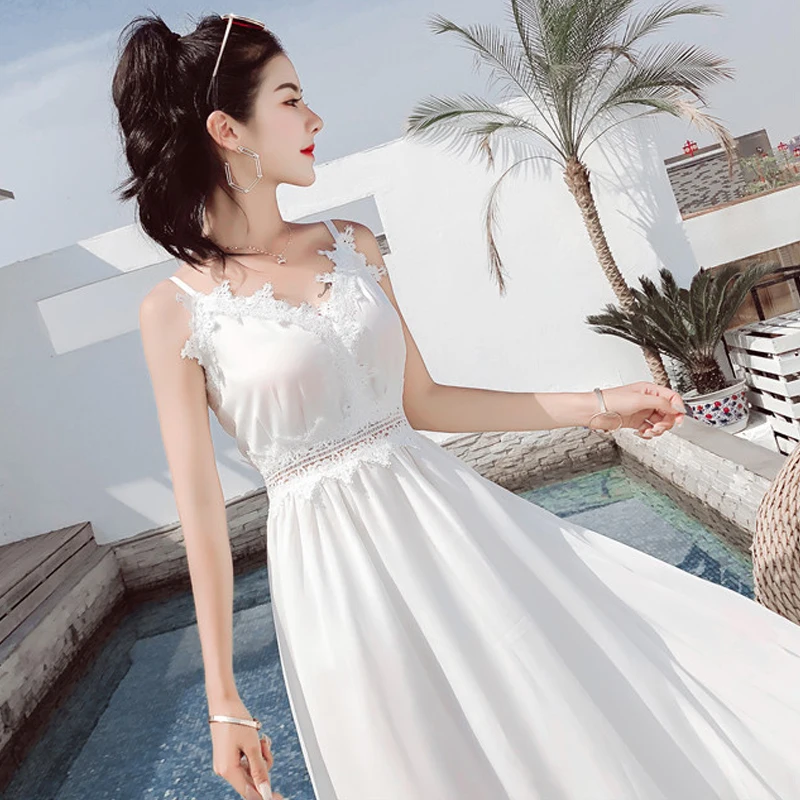 

Sexy lace fairy dress Bohemian white slim v neck spaghetti strap dress summer high waist A-line dress female 2019 aegean holiday