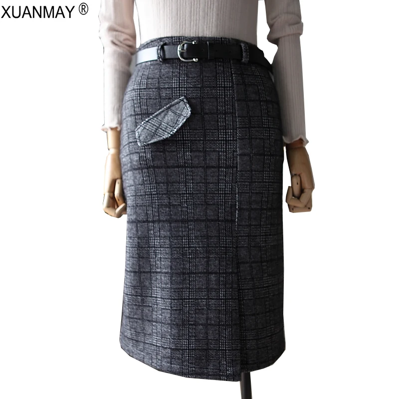 

2019 Spring women's Thick woolen plaid Pencil Skirt Wild tweed plaid pattern Skirt female Office work wear plaid Bag hip skirt