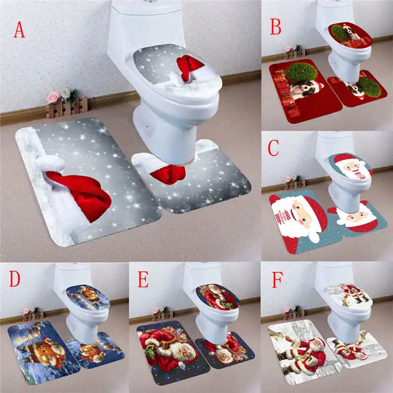 3PCS Christmas Bathroom Non-Slip Pedestal Rug + Lid Toilet Cover + Bath Mat Set Flannel Bottom Add a festive life #2n15 (36)