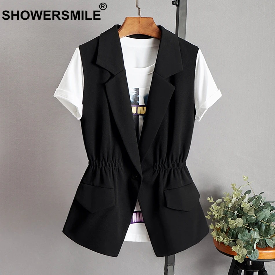 SHOWERSMILE OL Vest Ladies Black Elegant Waistcoat Women Elastic Waist Slim Office One Button Spring Autumn Designer Clothing