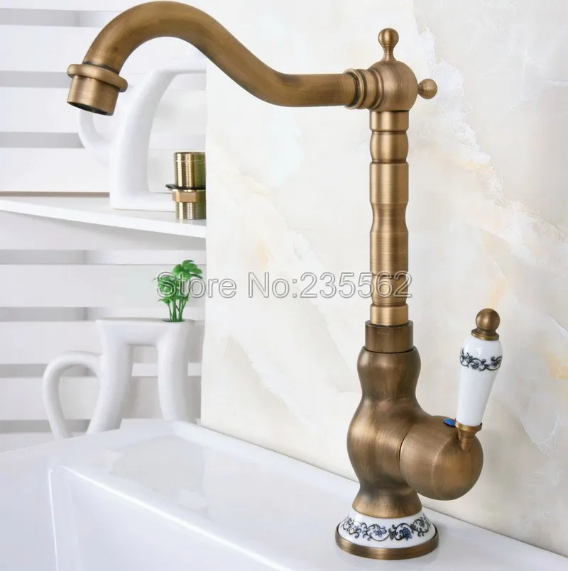 

Antique Brass Bathroom Basin Faucet Swivel Spout Vanity Sink Mixer Tap Single Handle Kitchen Faucet Lnf610