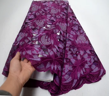 

2019 Latest African Organza Lace Fabric Swiss Voile High Quality Stone Lace Fabric Purple Color embroidered Nigerian lace Fabric