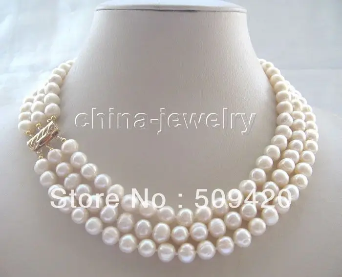 

~~ Free Shipping >> Beautiful 17-19" 3row 9mm cream flaw round freshwater pearl necklace