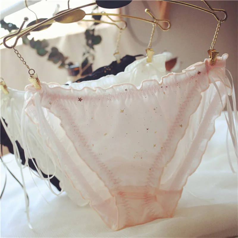 

Milk Silk Star Print Ribbon Women's Panties Middle Waist Seamless Ruffle Chiffon Cotton Female Underwear Cute Lovely Lingerie