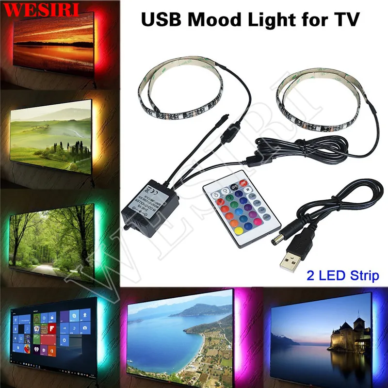 2x RGB LED Bias Lighting Fit TV LCD HDTV Monitors USB LED Strip Background Light 