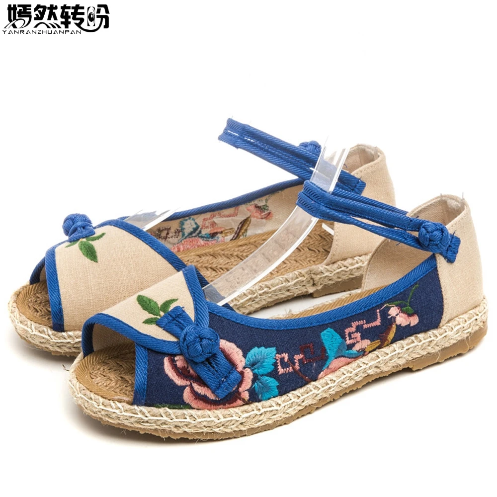 

Vintage Women Flats Summer New Sandals Canvas Embroidery Shoes Open Peep Toe Casual Dance Flat Sandals For Woman Zapatos Mujer