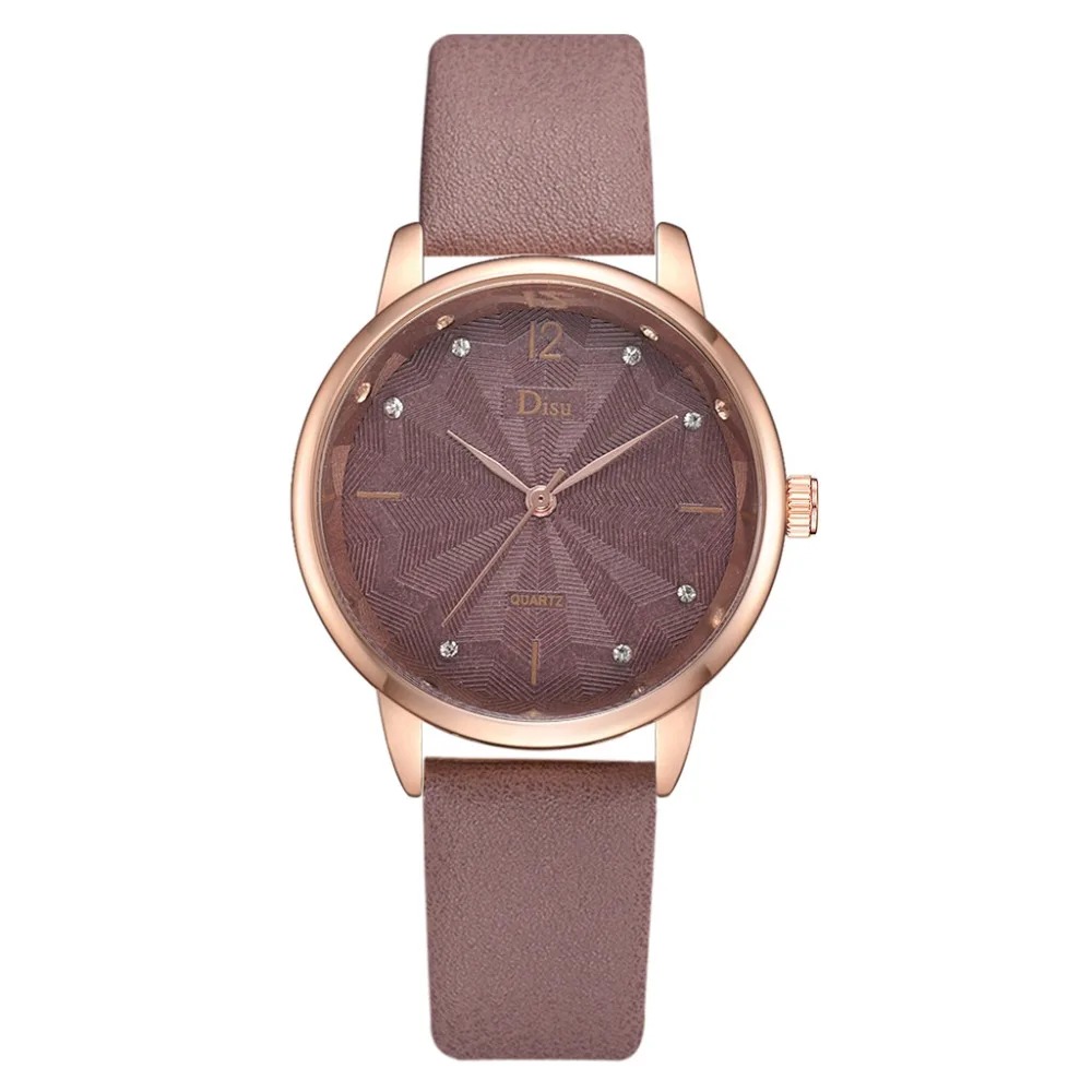 DISU высококачественные роскошные модные женские часы с кожаным ремешком, аналоговые кварцевые часы с текстурой листьев, женские часы в подарок, Reloj Mujer# B