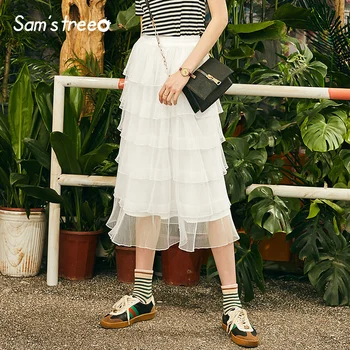 

SAM'S TREE Mesh Ruffles Women Skirts 2020 Summer Fashion White Mid Waist A-Line Female Tiered Skirt Elegant Office Lady Bottoms