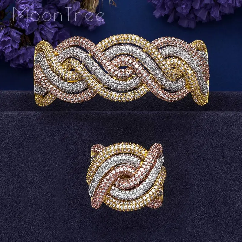 

MoonTree Luxury Rhinestones Twist Shape Flower AAA Cubic Zircon Wide Bangle Ring Set 3Tone Color Plated Large Rings